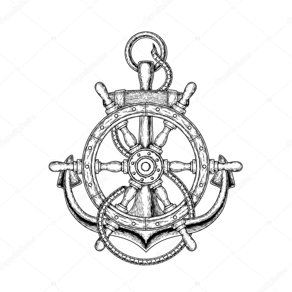 Vector illustration of an old nautical wooden steering wheel and anchor on a white background. Print for T-shirts.