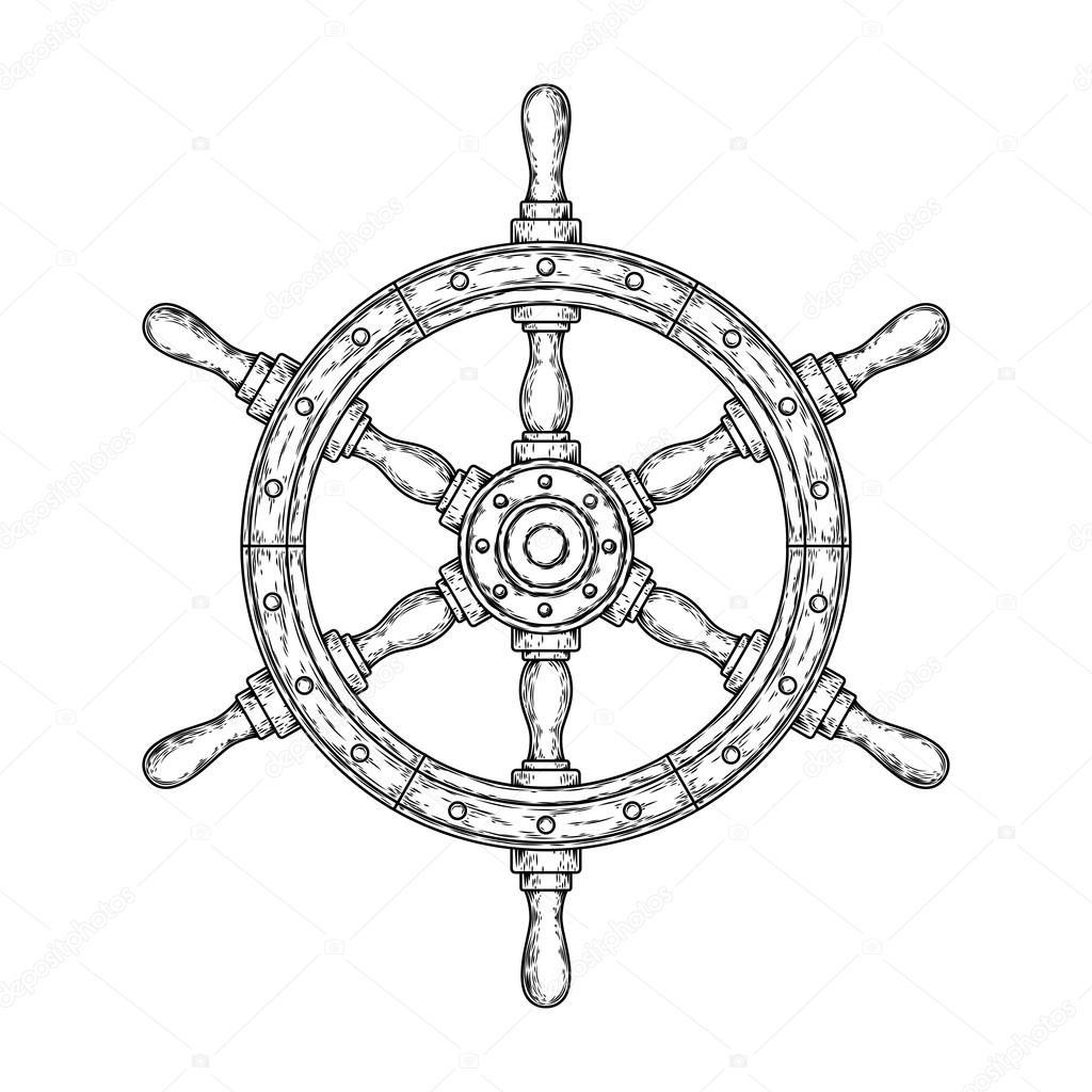 Vector illustration of an old nautical wooden steering wheel on a white background. Print for T-shirts.