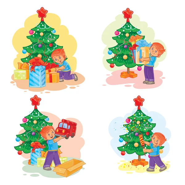 Conjunto de iconos niño pequeño abriendo regalos de Navidad — Vector de stock
