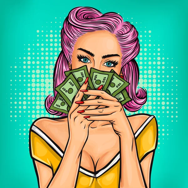 Vector pop art chica con dinero en efectivo — Vector de stock