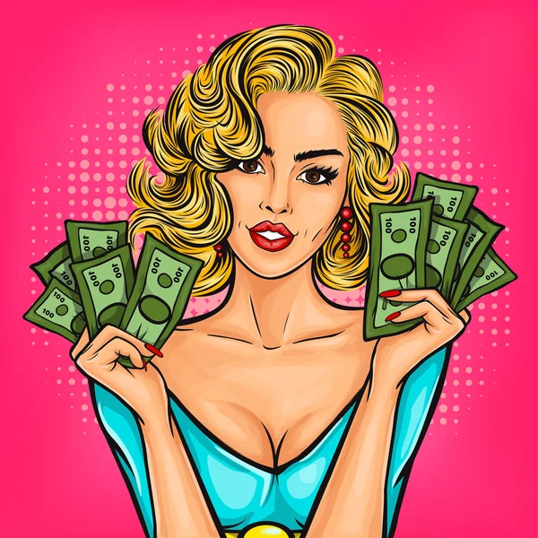 Vector pop art chica con dinero en efectivo — Archivo Imágenes Vectoriales