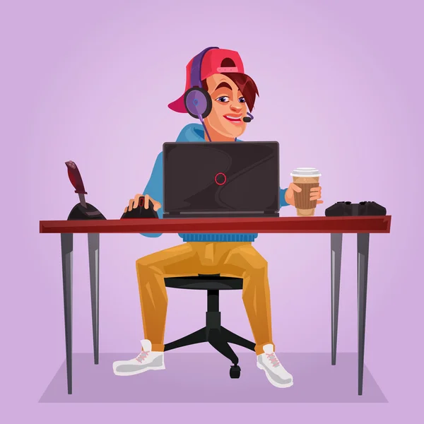 Векторная иллюстрация подростка, сидящего за ноутбуком — стоковый вектор