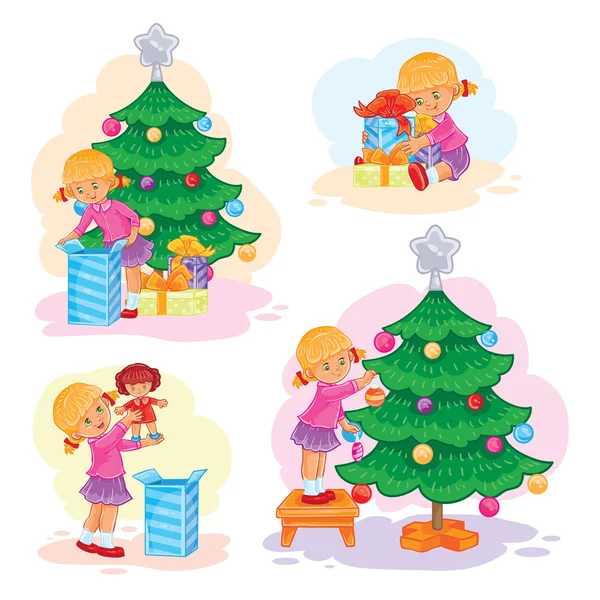 Reihe von Ikonen kleines Mädchen öffnet Weihnachtsgeschenke — Stockvektor