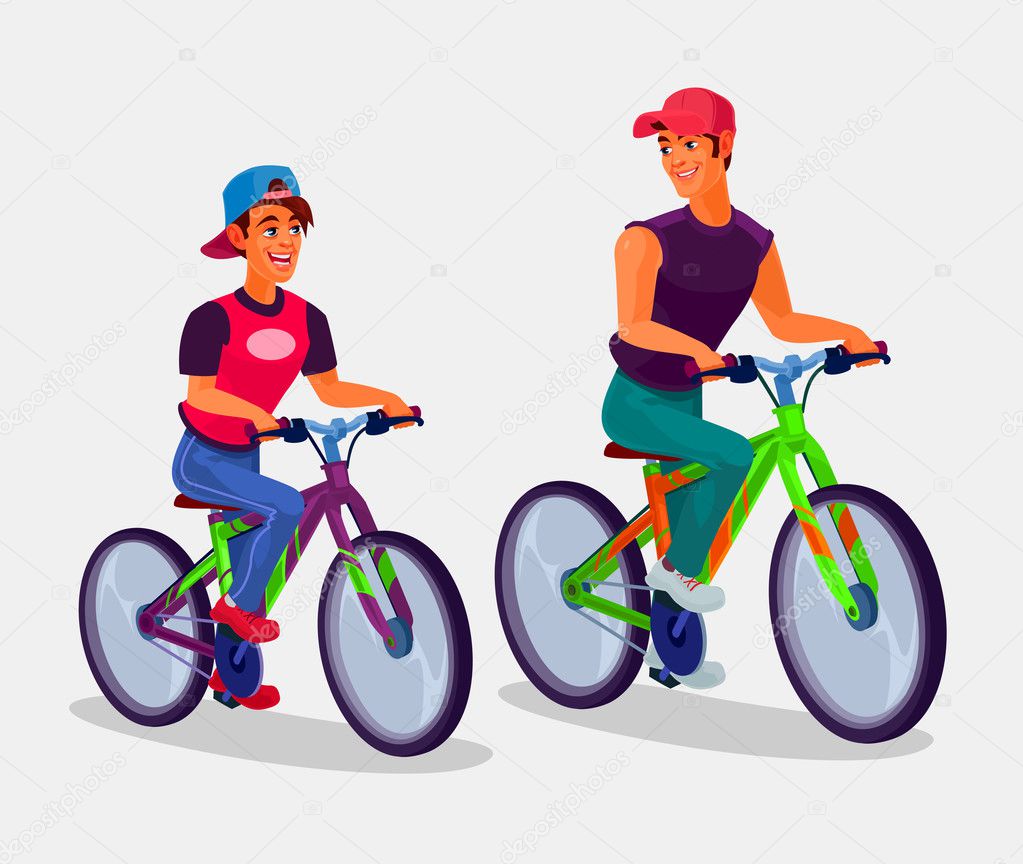 Two young men riding bicycles