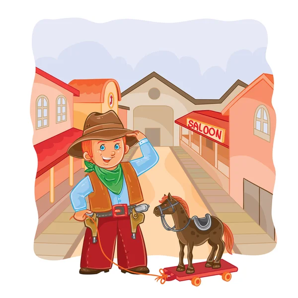 Ilustração vetorial do pequeno cowboy com um cavalo de madeira — Vetor de Stock