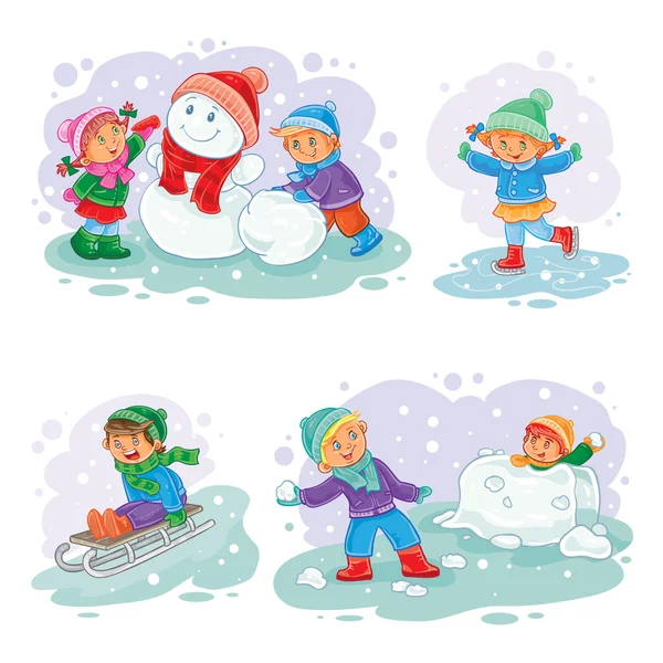 Set vector winter icons with little children — Stock Vector