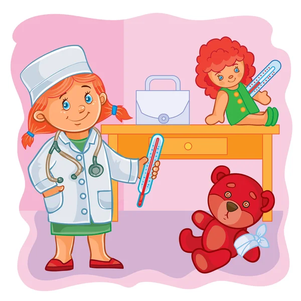 Malá dívka lékař léčí jejich hračky — Stockový vektor