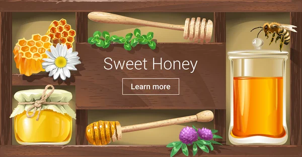 Vector illustration of a wooden rack with honey — Stock vektor