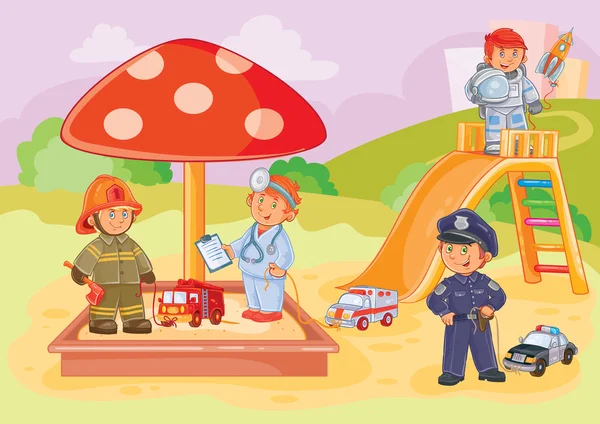 Vektor ilustrasi anak-anak kecil profesi yang berbeda bermain di taman bermain Stok Ilustrasi Bebas Royalti