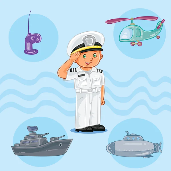Kleine jongen zeeman met een oorlogsschip, een onderzeeër en een helikopter — Stockvector
