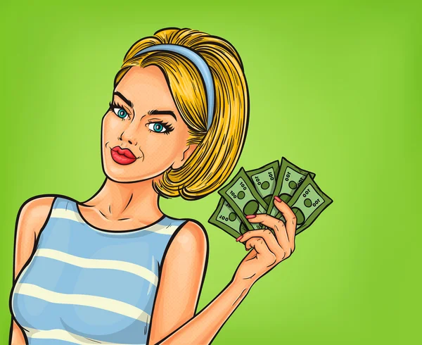 Vector pop art chica con dinero en efectivo — Vector de stock