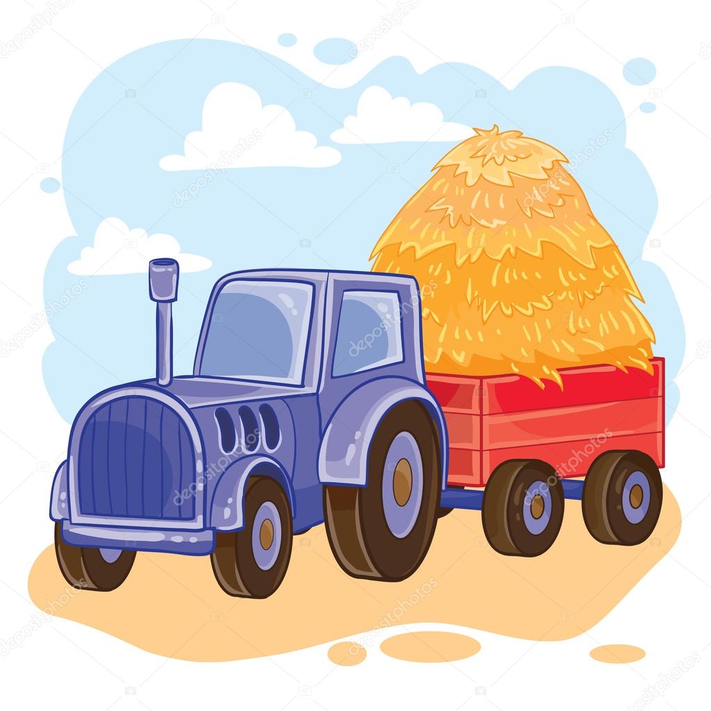 Vector illustration of cartoon tractor with trolley