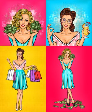Vektör çizimler retro pop sanat kız gülümseyerek ayarla