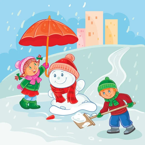 Vektorové ilustrace malých dětí hraní venku v zimě — Stockový vektor
