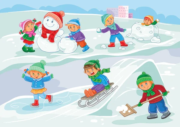 Εικονογράφηση διάνυσμα των μικρών παιδιών που παίζουν σε εξωτερικούς χώρους το χειμώνα — Διανυσματικό Αρχείο