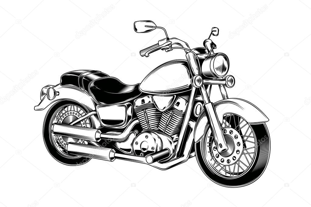 Hand-drawn vintage motorcycle. Classic chopper.