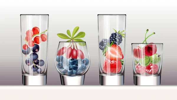 Ensemble de verres icônes avec une variété de baies fraîches — Image vectorielle