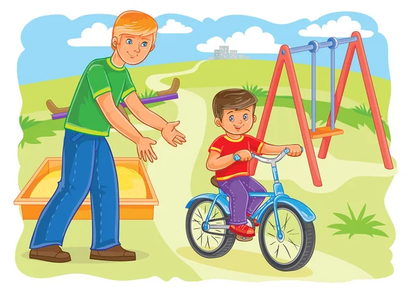 Père apprend à faire du vélo petit garçon — Image vectorielle