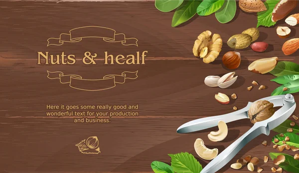 Смесь натуральных сырых орехов на деревянном фоне — стоковый вектор