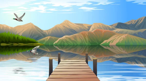 Вид на озеро и пирс — стоковый вектор