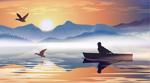 Человек, плывущий на лодке по озеру — стоковый вектор