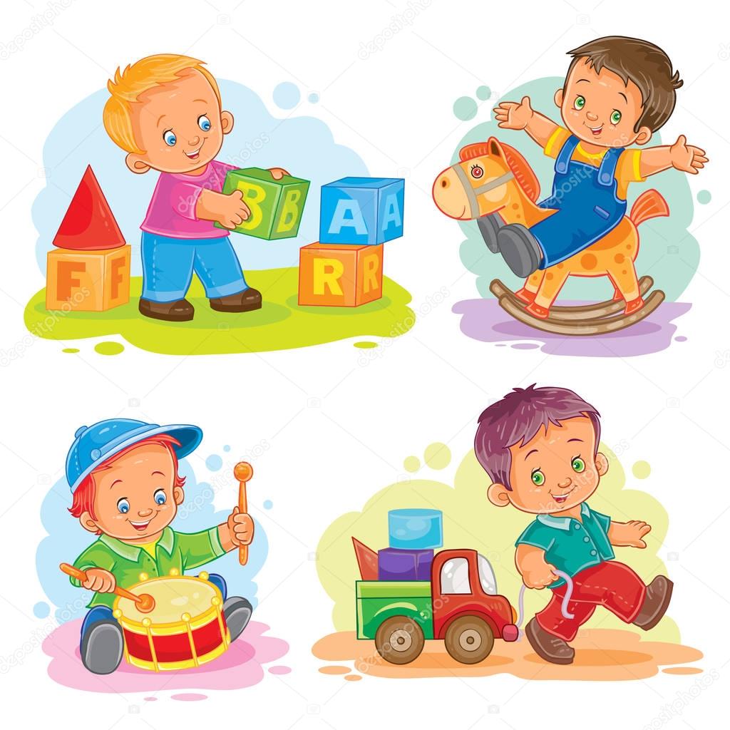 Set of vector icons little boy playing with blocks, rocking horse, beat the drum, rolling his car