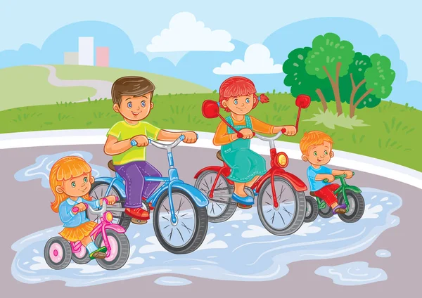 Niños pequeños montan en bicicleta en el parque — Vector de stock