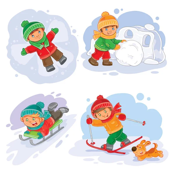 Установите векторные зимние иконки с маленькими детьми — стоковый вектор