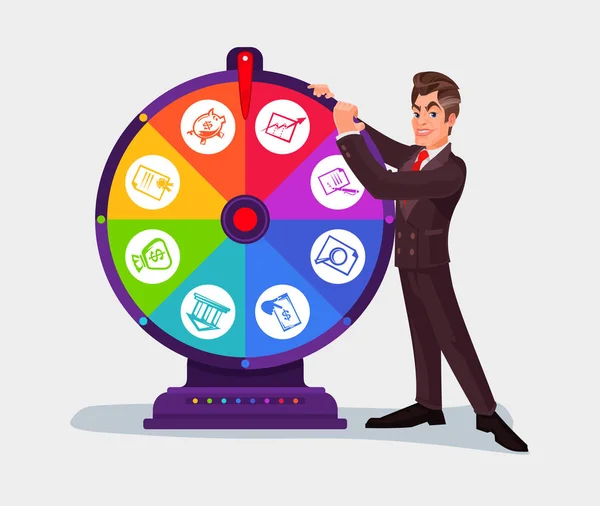 Homme d'affaires tournant la roue de la fortune — Image vectorielle