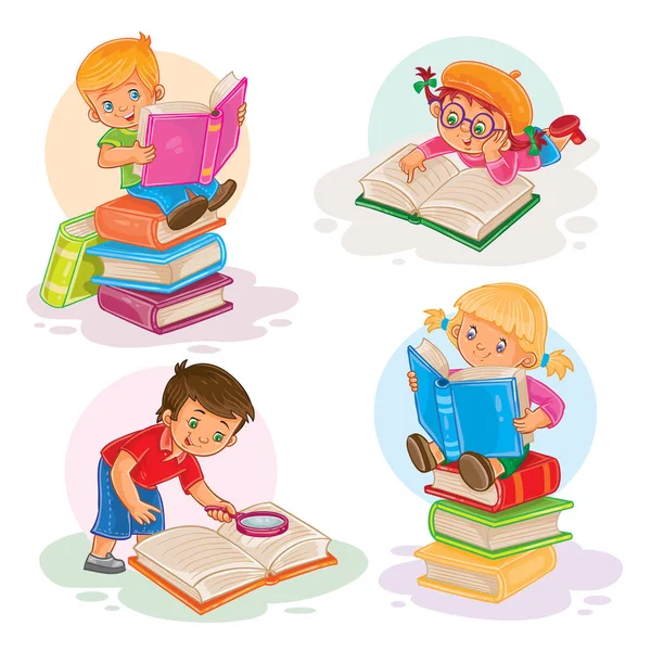 Set pictogrammen van kleine kinderen lezen van een boek — Stockvector