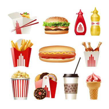Fast food güzel karikatür Icons set