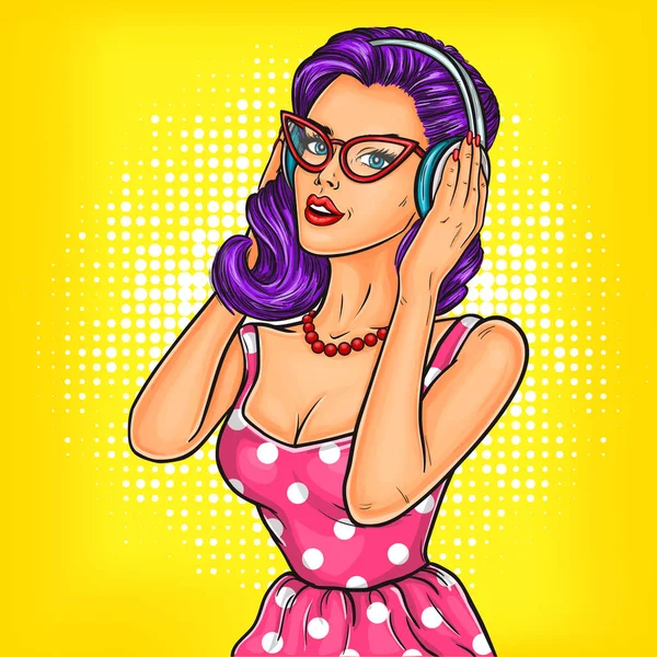 Pop chica de arte en los auriculares — Vector de stock