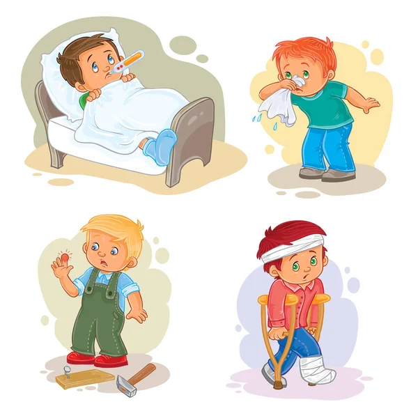 Set icons little boy sick — Stock Vector