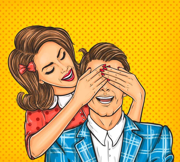 Mujer cerrar los ojos a la su hombre — Vector de stock