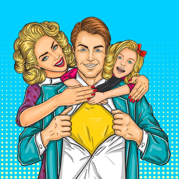 幸福的家庭-超级爸爸、 妈妈和女儿 — 图库矢量图片