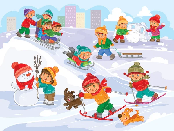 Vector illustration of little children playing outdoors in winter — Stock Vector