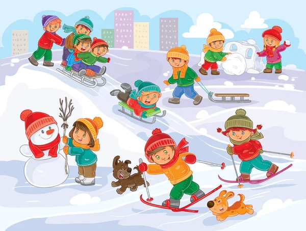 Vektor ilustrasi anak-anak kecil bermain di luar ruangan di musim dingin - Stok Vektor