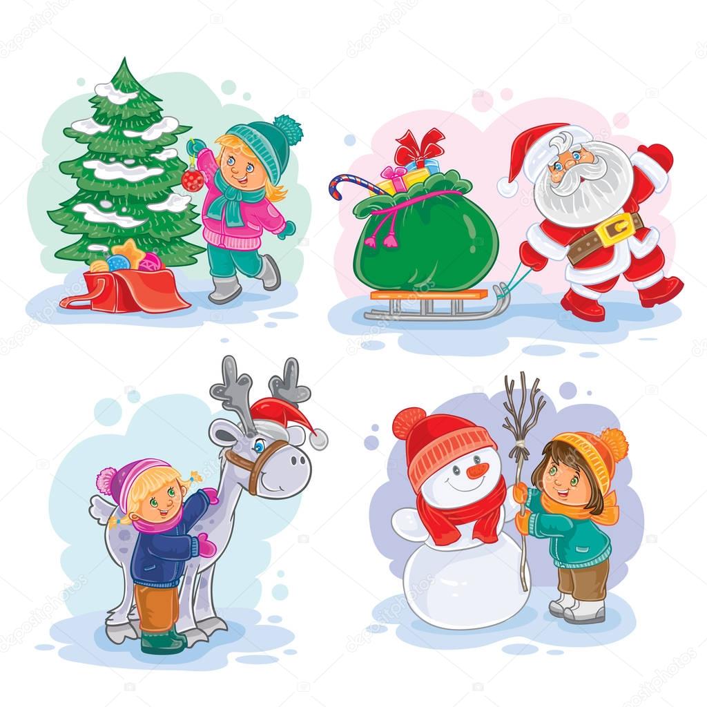 Set of vector icons small children decorate the Christmas tree, making a snowman, Santa Claus carries gifts