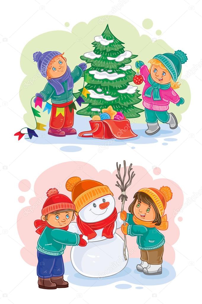 Set of vector icons small children decorate the Christmas tree, making a snowman
