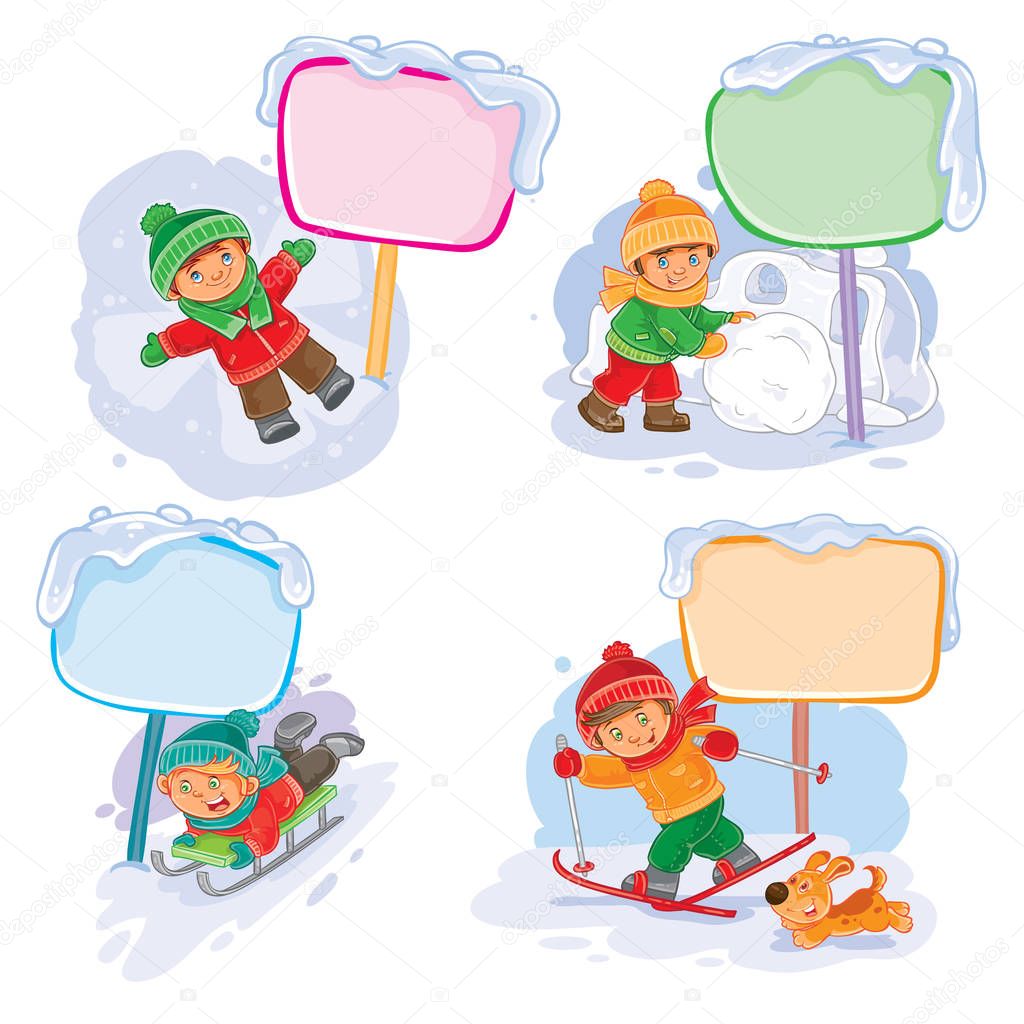 A set of vector winter icons of small children and speech bubble