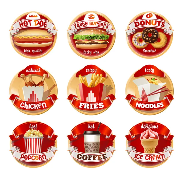 Conjunto vetorial de logotipos de fast food, adesivos — Vetor de Stock