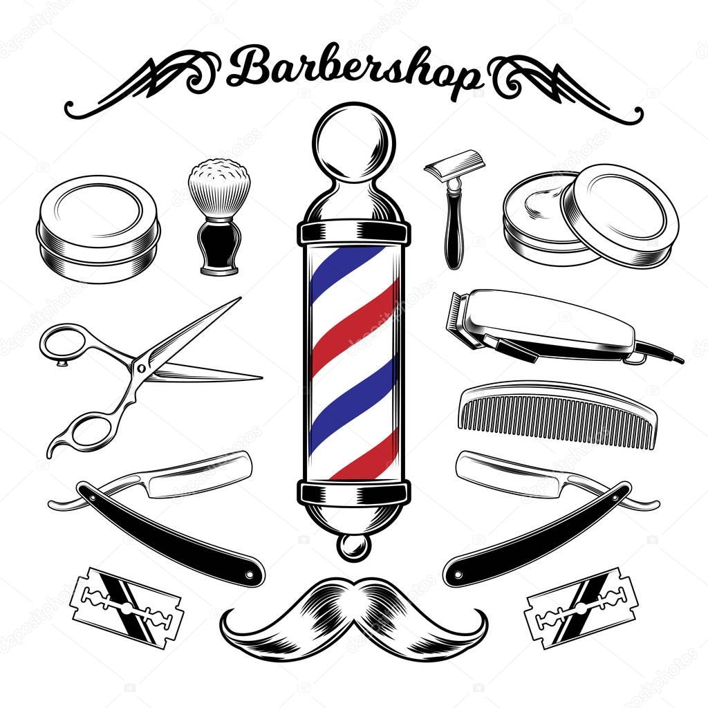 Vector monochrome collection barbershop tools. Engraving style