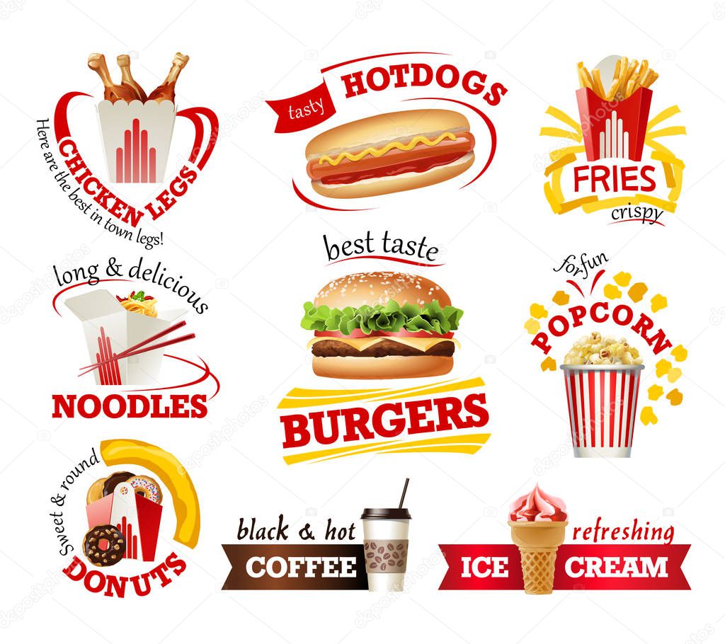 Set of vector beautiful cartoon icons of fast food isolated on white background.