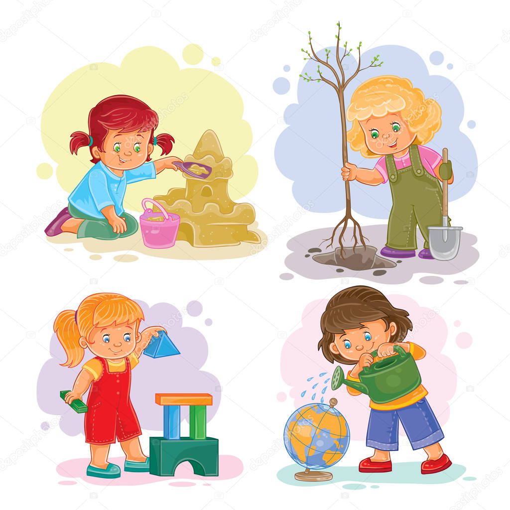 A set of vector icons of small girls playing with toys