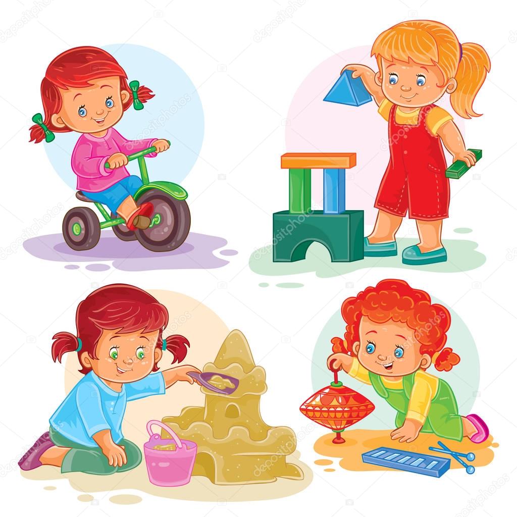 A set of vector icons of small girls playing with toys