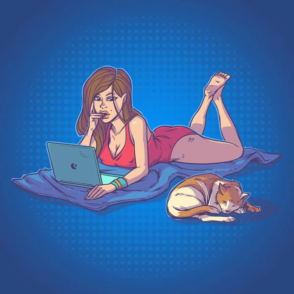 Jeune fille en utilisant un ordinateur portable tout en étant couché sur le sol — Image vectorielle
