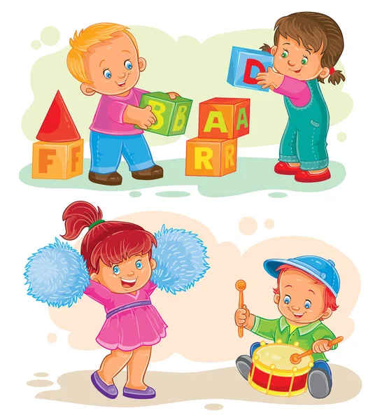 Conjunto de iconos vectoriales niños pequeños jugando con juguetes — Vector de stock