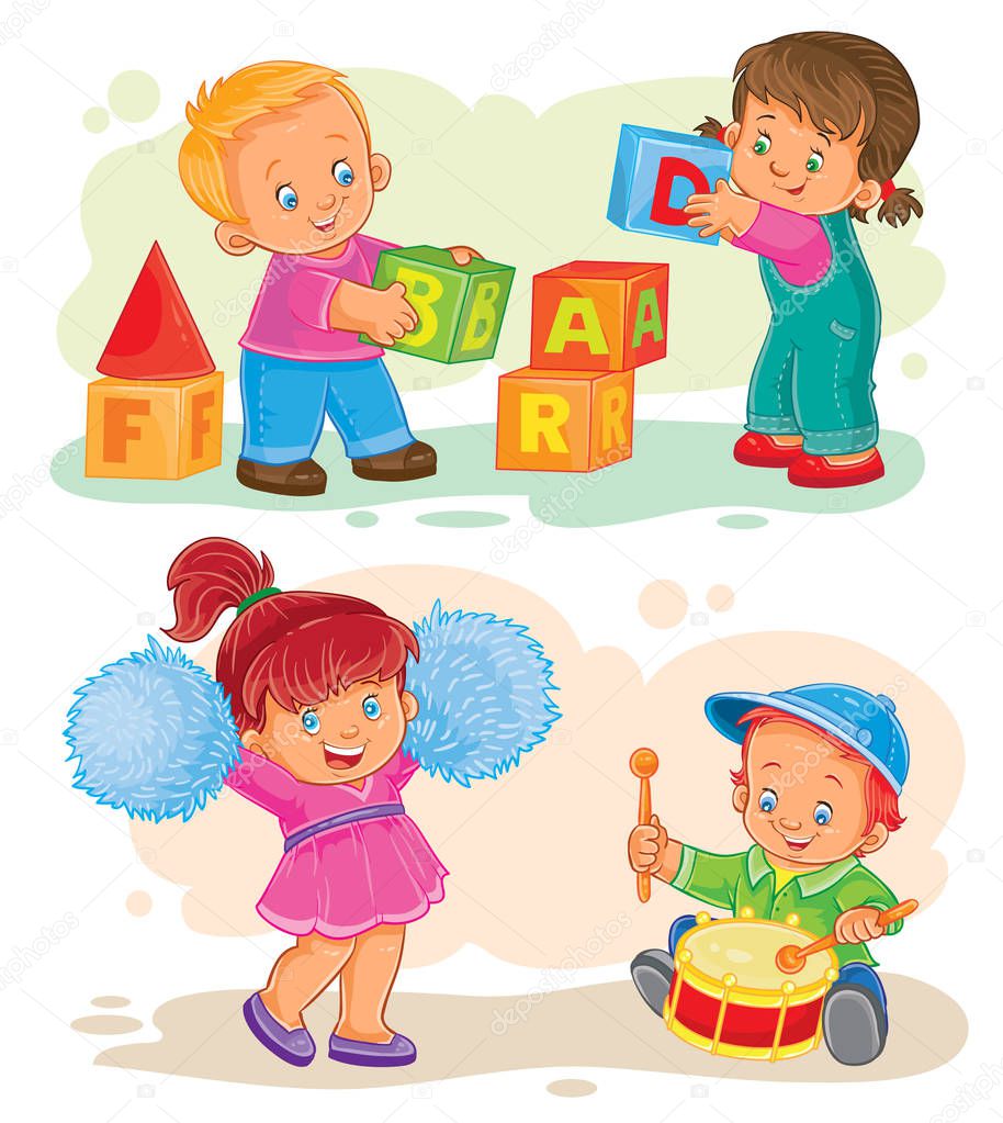 Set of vector icons little boy and girl playing with blocks, boy beats the drum, cheer girl dancing