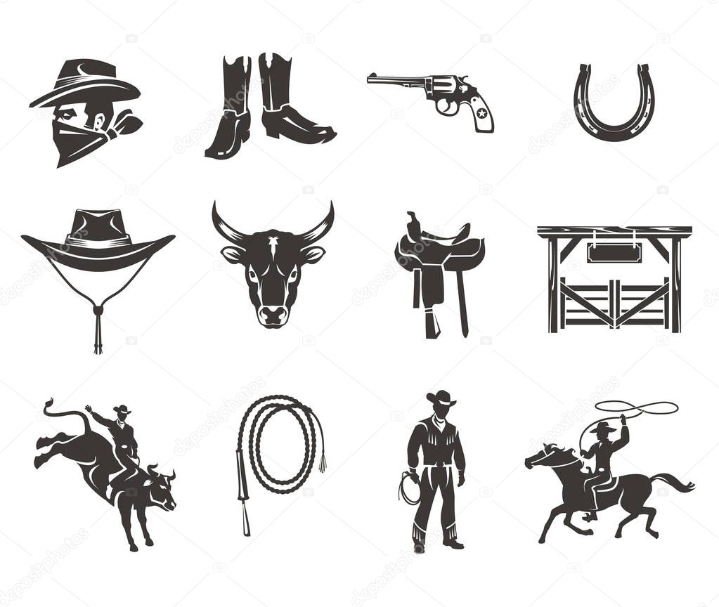 Set of vector rodeo icons, cowboys silhouettes riding the bull and horse and rodeo accessory isolated on white
