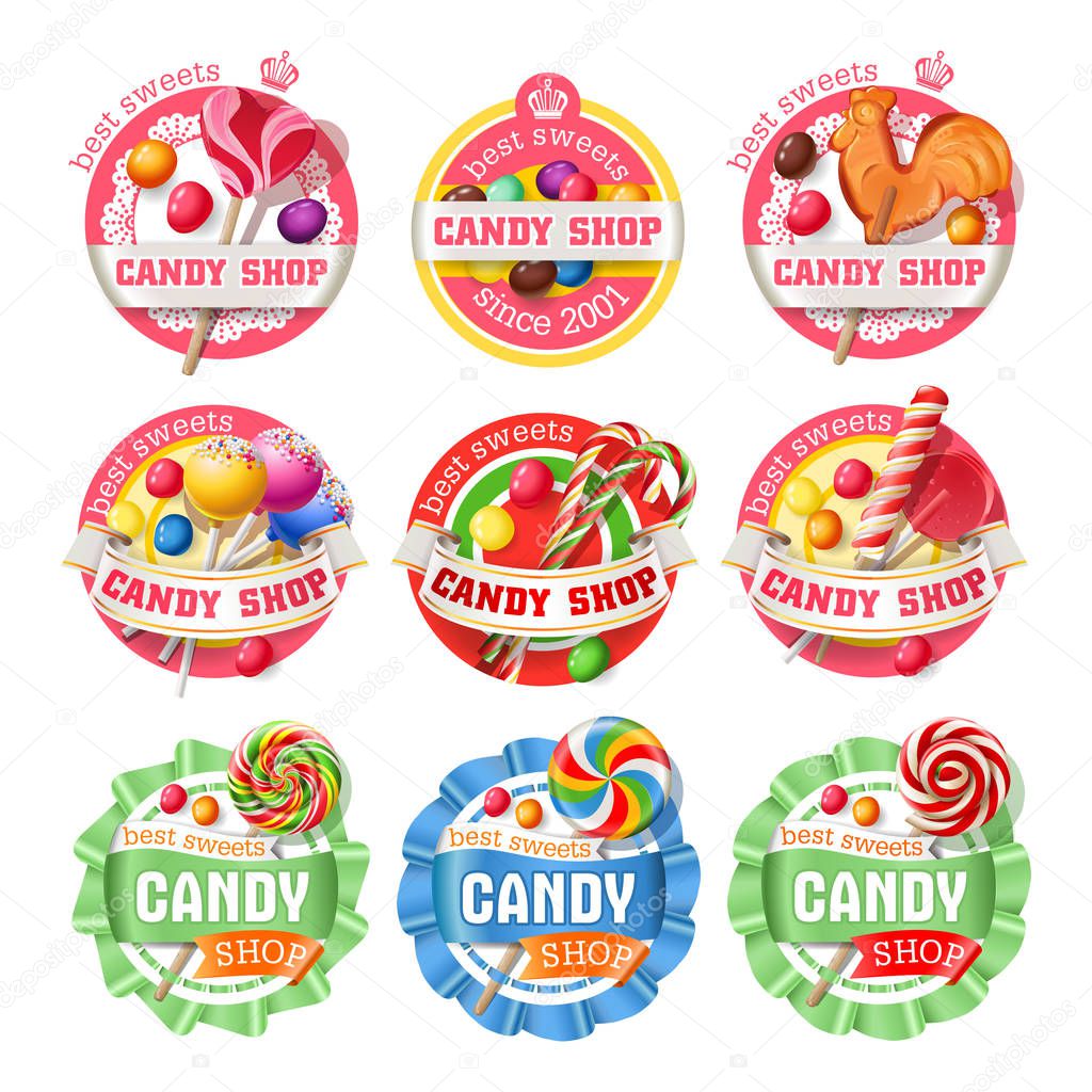Vector set of lollipop, candy logos, stickers, made in a realistic style